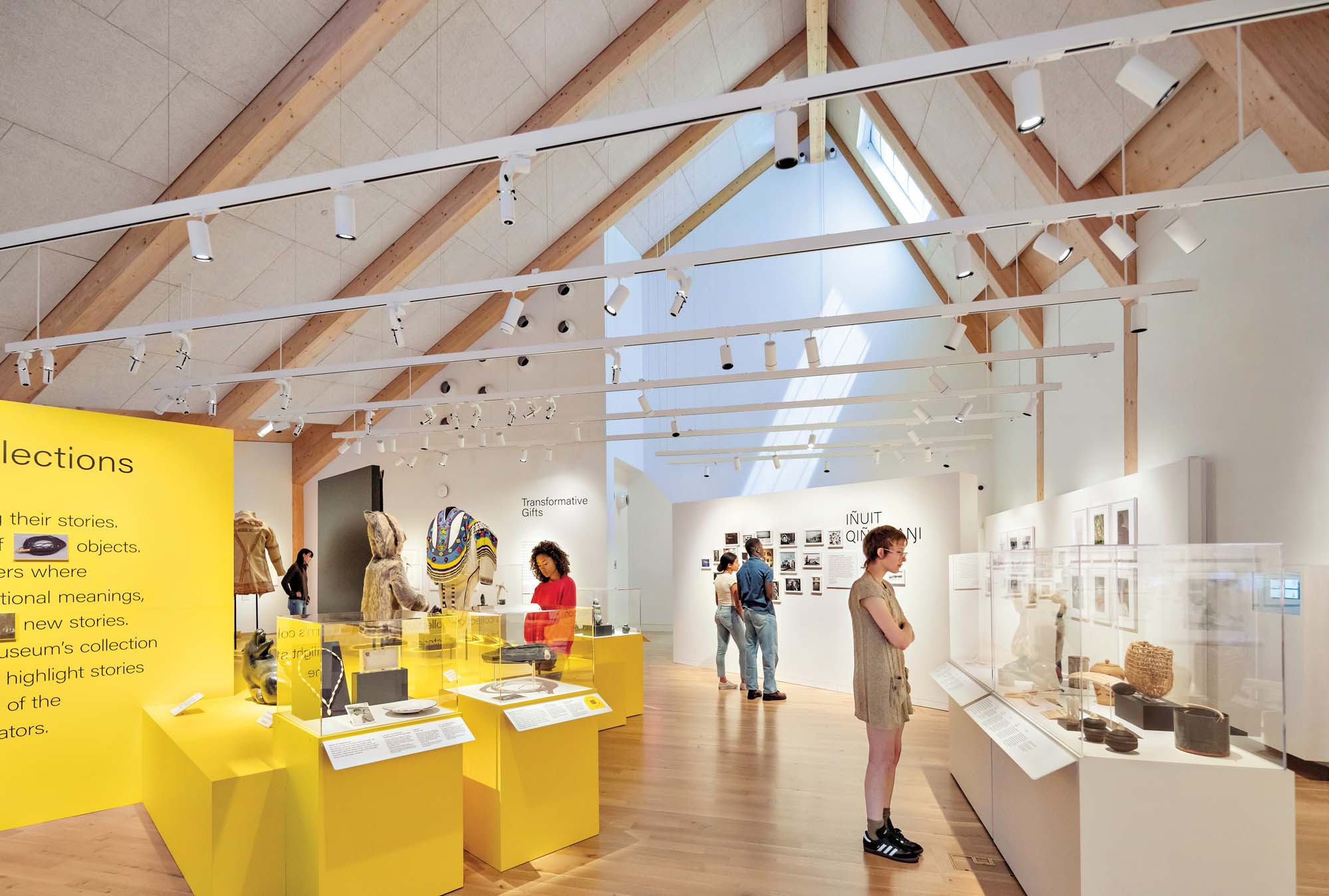 Campus building interior space with yellow displays