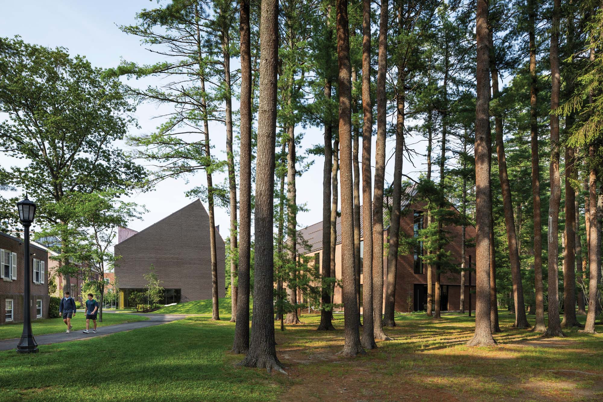 Campus buildings surrounded by pine trees