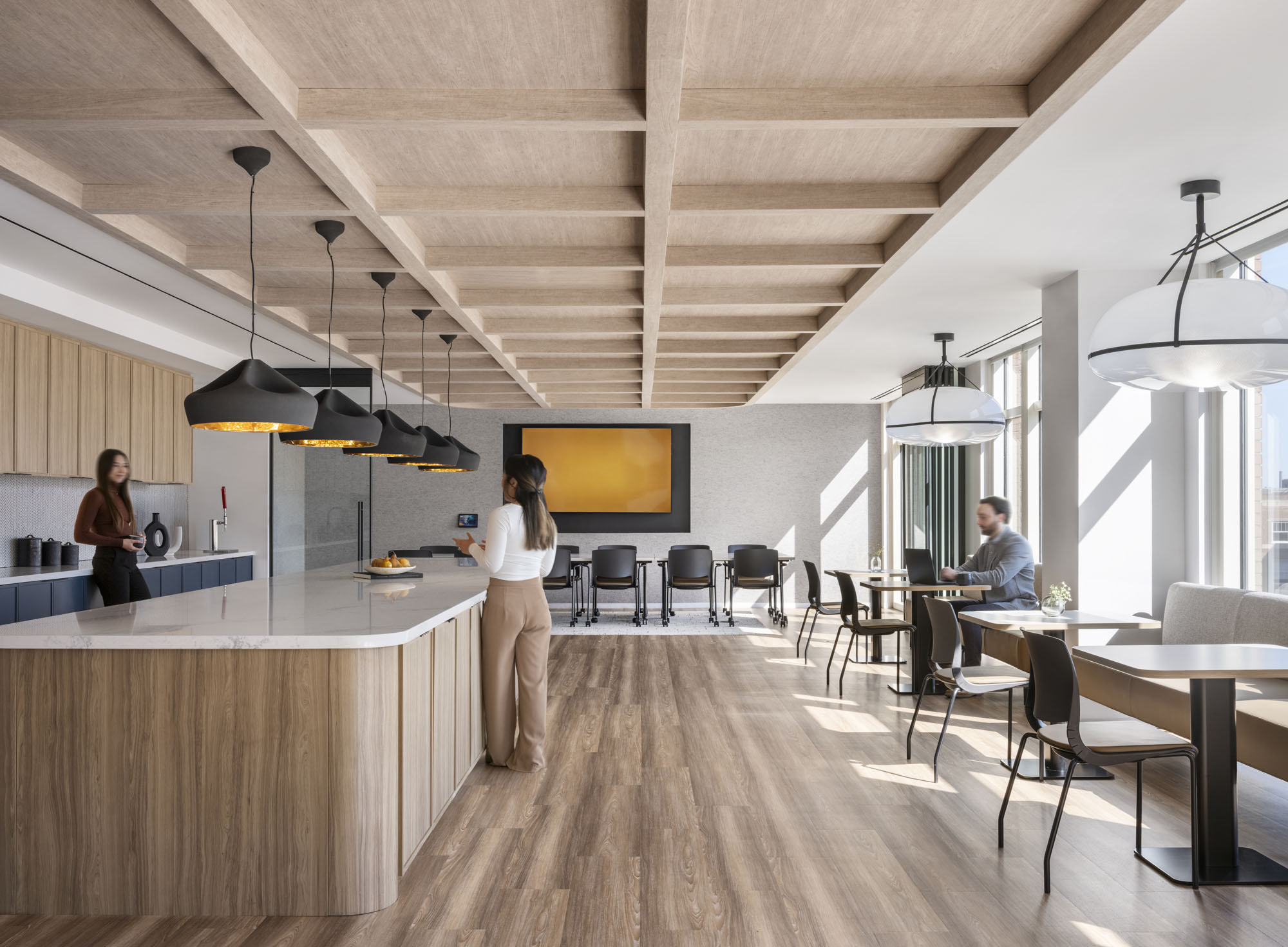 interior of an office showing acoustic ceiling treatment