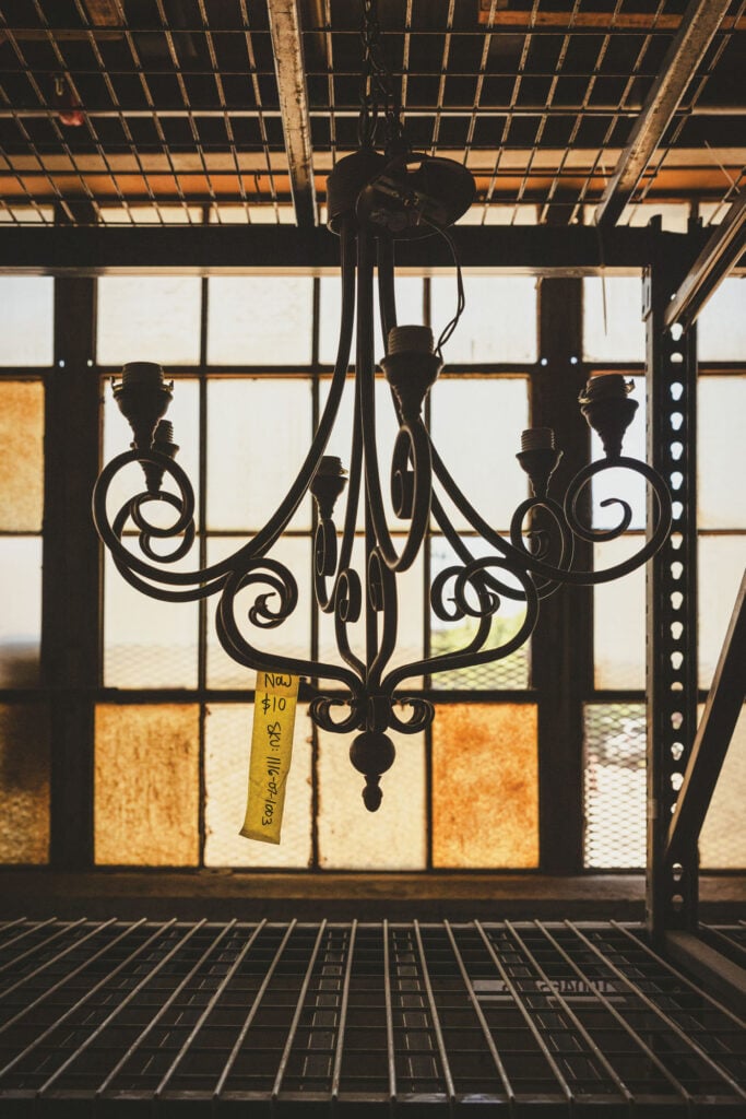 images of a chandelier in a warehouse