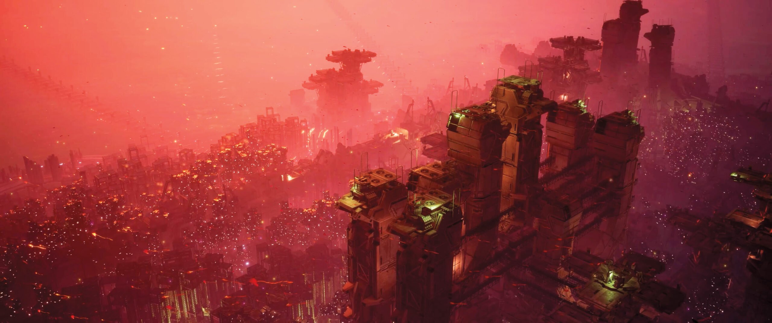 Red-hued rendering of a city