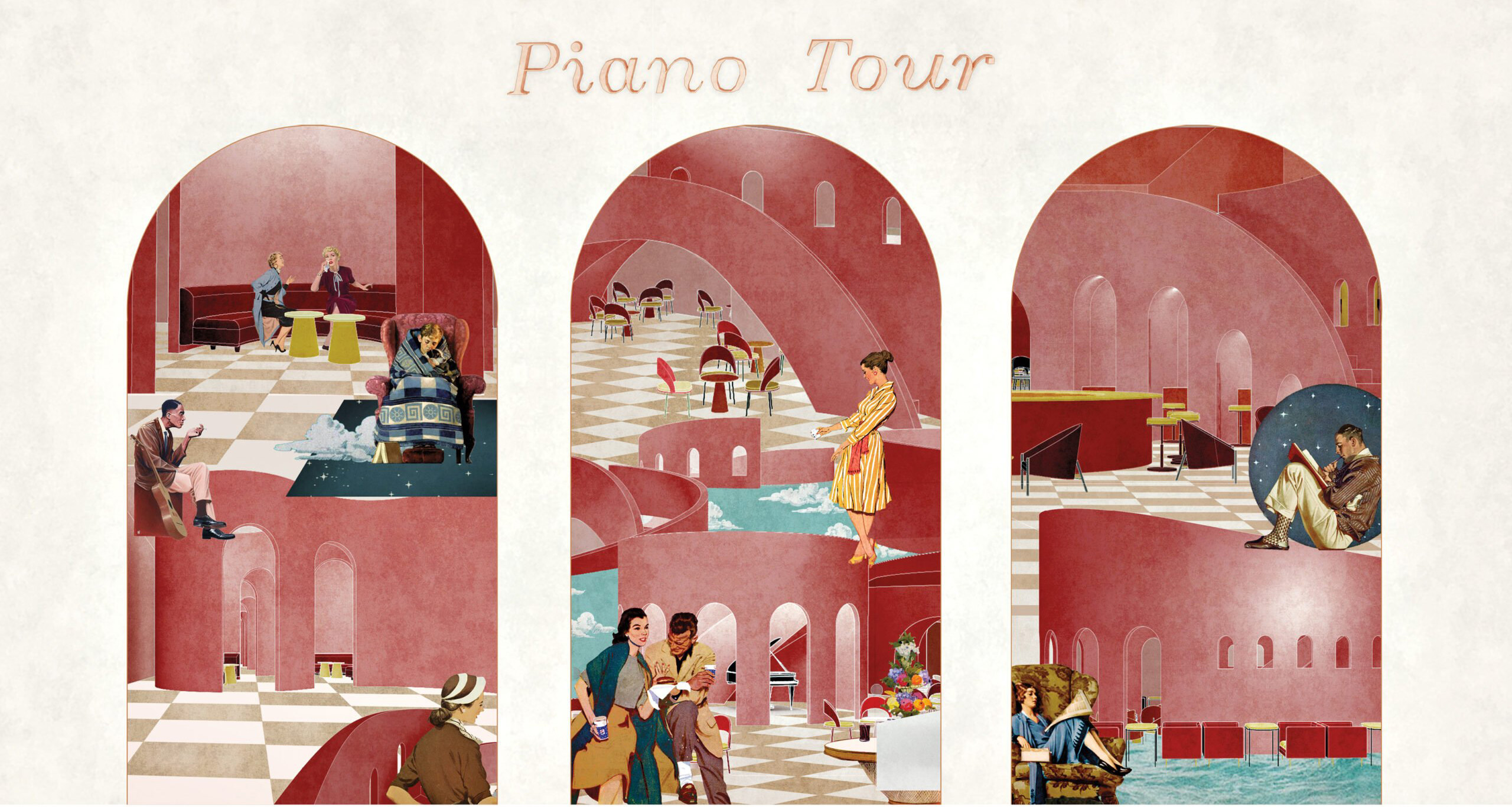 triptych drawing of the interior of a building with pink walls